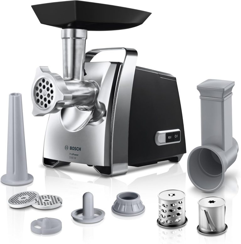 Bosch MFW67440 - Hachoir à viande ProPower, 700 W, fonction inverse, 3 grilles inox, kit saucisses et kebbés