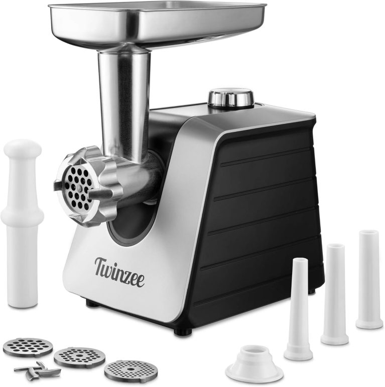 Twinzee Hachoir à Viande Électrique 1500W Noir, 3 plaques de coupe (3/5/7 mm) et 3 embouts à saucisses